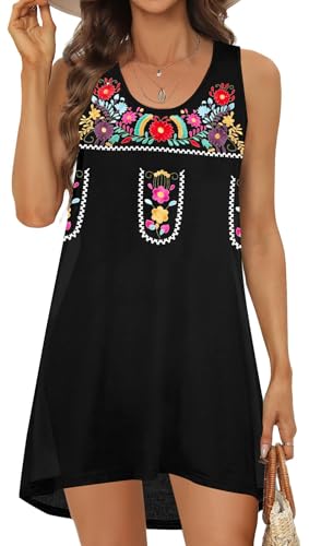 MOUSYA Women Mexican Embroidered Dress for Women Summer Tank Dress Boho Dress Casual Sleeveless Sundress Black