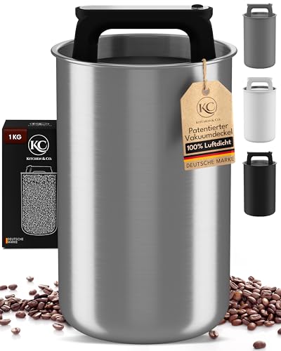 KC Kitchen & Co. Kaffeedose luftdicht für 1 kg Kaffeebohnen Edelstahl Vorratsdose mit Vakuumdeckel & Aromaverschluss Aufbewahrungsdose für Kaffee Tee Zucker Müsli Silber (2800 ml)