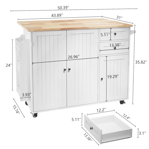 HLR Kitchen Island with Storage, White Rolling Kitchen Island on Wheels with Drop-Leaf Bar Countertop, Island Table for Kitchen with Side Open Spice Rack and Tower Rack, Extra Storage for Kitchen