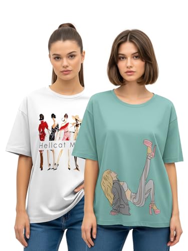 Image of HELLCAT Multicolor Printed Oversized T-Shirt for Women |Pack of 2 T-Shirt