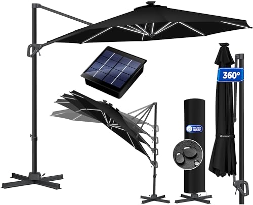KESSER® Sonnenschirm Ampelschirm Sun Rund XL LED Solar Ø330 cm Inkl. Abdeckung, 7-Fach Verstellbar Neigbar Kippbar Groß 360° Drehbar Gartenschirm mit Kurbel Sonnenschutz UV50+ Schwarz