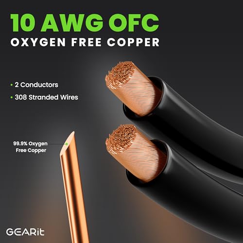 gearit 10awg speaker cable wire with gold-plated banana tip plugs 10 feet in-wall cl2 rated heavy duty braided 999 oxygen-free copper ofc - black