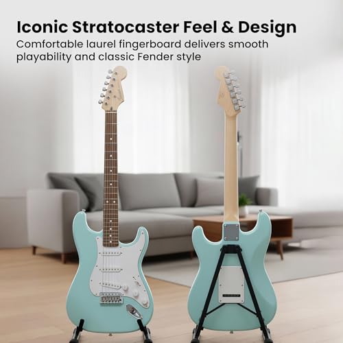 Image of Fender Squier Stratocaster Electric Guitar - Daphne Blue Bundle with Amplifier, Gig Bag, Cable, Strap, Picks, and Austin Bazaar Instructional Video