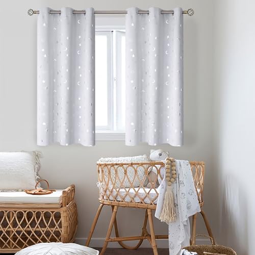 Image of BGment Kids Curtains for Nursery, Short Star and Moon Room Darkening Curtains for Bedroom 54 Inch Long, Blackout Thermal Insulated Window Drapes for Boys Girls, Greyish White, 42 Wide, 2 Panels