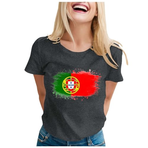T-shirt de fan de football du Portugal pour femmes, imprimé drapeau coloré, haut décontracté à manches courtes pour femmes, gris foncé, XL