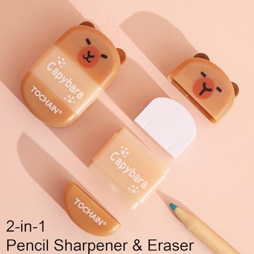 4 Pcs Cute 2-in-1 Pencil Sharpener & Eraser - Cartoon Cpaybara Pencil Sharpener Small Manual Pencil Sharpeners Kawaii Plastic Sharpeners for Girls Women Boys School Office Supplies (Capybara)