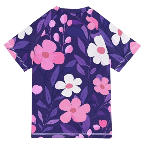 Boys Short Sleeve T-Shirts Flower Purple Cartoon Rashguard Kids Swim Shirts Sun UPF 50+2