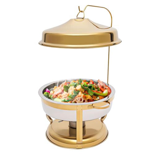 PERFERATE Chafing Dishes for Buffet 9.5Qt Round Buffet Servers and Food Warmers with Lid Stainless Steel Heating and Cooling Chafing Dish for Catering,Parties with Complete Set (Gold)
