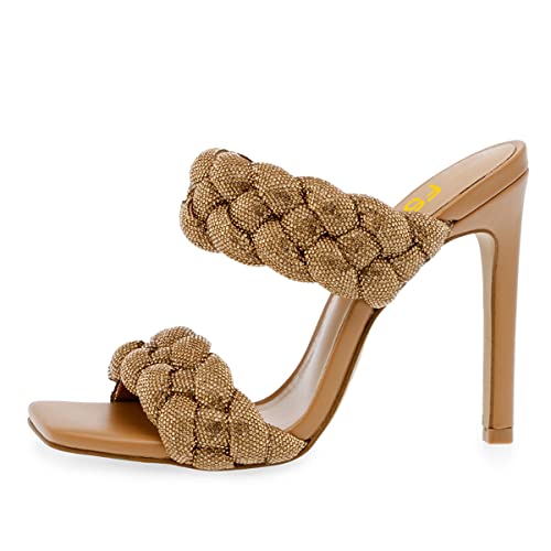 FSJ Women Sexy Two Strappy Weave Square Open Toe Stiletto High Heel Mules Slip On Summer Party Dress Slide Sandal Shoes Size 4-15 US2