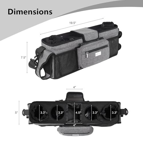 Image of TOPDesign Universal Baby Stroller Organizer, Double Stroller Caddy with Detachable Mesh Bag & Heightened Insulated Cup Holders & Non-Slip Secure Hooks Accessories, Fits Most Strollers (Grey)