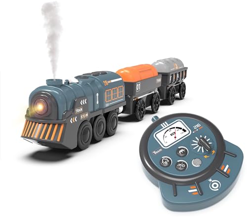 Image of Remote Control Steam Train for Wooden Tracks - RC Train Set with Realistic Smoke, Lights & Sound, Motorized Toy Train Compatible with Thomas & Friends, Brio, for Kids Ages 3-8