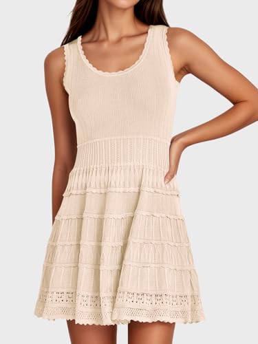 Fisoew Womens Summer Mini Dresses Casual Crewneck Knitted Crochet Hem Flowy Tank Sundress2