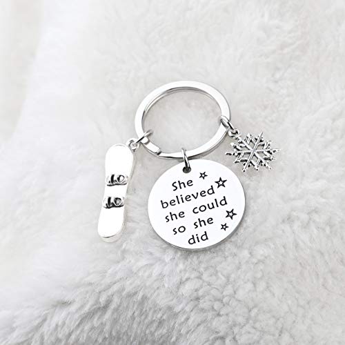 Image of CENWA Snowboarder Gift 3D Snowboard and Snowflake Pendant Snowboarding Keychain Snowboarder Team Gift She Believed She Could