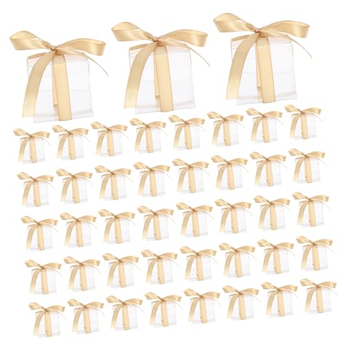 KOCKSHION 50個透明プラスチック ボックス 蝶結びリボン付 折りたたみ式クリア包装ケース パーティー 結婚式用キャンディーフェーバーボックス