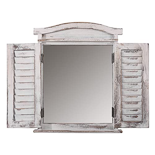 Décoshop26 Miroir Mural Forme fenêtre avec Volets 53x42x5cm en Bois Blanc Vieilli 04_0005485