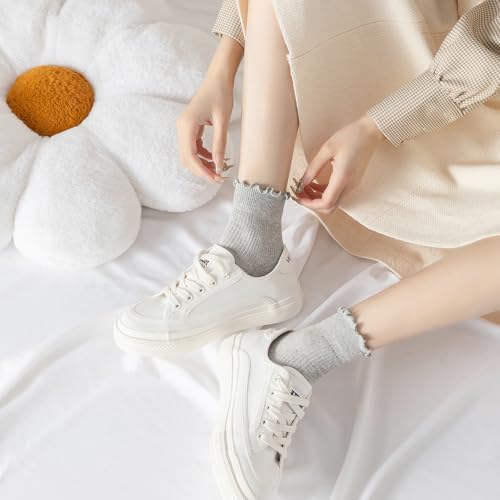 Image of 6 Pairs Ruffle Socks for Women Girls,Casual Cute Ankle Socks Breathable Knit Cotton Warm Soft Frilly Crew Sock