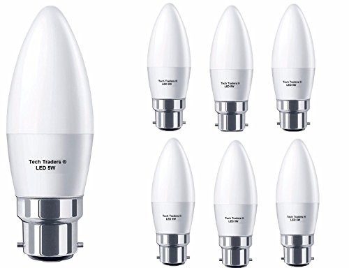 Tech Traders ® C37 5Watt B22 Bayonet LED Candle Bulbs, 50Watt Incandescent Bulb Equivalent, 400lm, Non Dimmable BC LED Bulb,Candle Light Bulbs [6 Pack] (Day White 4000K)