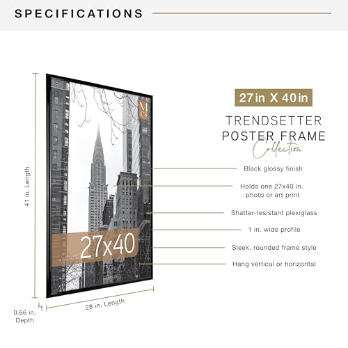 MCS Trendsetter Movie Poster Frame 27x40 Black High-Gloss, Vertical & Horizontal Wall Hanging Large Picture Frame for Photos, Artwork & Custom Posters (1-Pack)