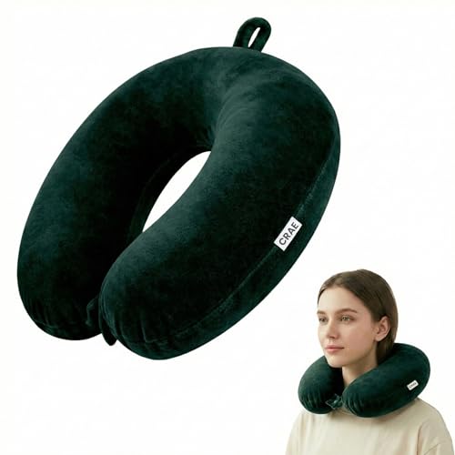 Image of CRAE Travel Neck Pillow for Men & Women | Soft Fibre Cushion for Flight, Car & Train | Soft Velvet Fabric with Attachable Snap Strap | Cervical Support for Neck Pain Relief.Pack of 1(Bottle Grn)