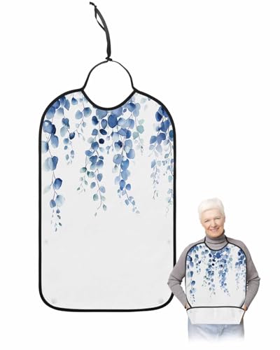 Eucalyptus Blue Adult Bib for Adults Men, Women, Leaves Vine Leaves Watercolor White Washable & Adjustable Terry Cloth Bib with Crumb Catcher Reusable Waterproof Clothing Clothes Protector Apron