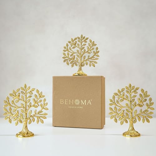 Image of BEHOMA Brass (5.9 inch) Kalpvriksh Tree with Birds Set - Set of 3 | Kalpavriksha Tree of Life Showpiece for Table Decor | kalpvriksha Vastu & Fengshui Decor, Home & Puja Temple Ornament,