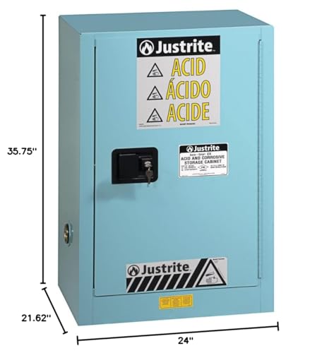 Image of Justrite Acid Corrosive Storage Cabinet - 15 Gallon 1 Door Self Close Chemical Storage Cabinet with ChemCor Coating - 22 inch x 36 inch x 24 inch - Made in The USA - Light Blue - 8825222