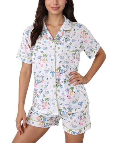 Zuafy Womens Pajamas Set Button Down Ladies Summer Pajamas Monkey Printed Sleepwear Short Sleeve 2 Pc Pjs for Birthday Gift