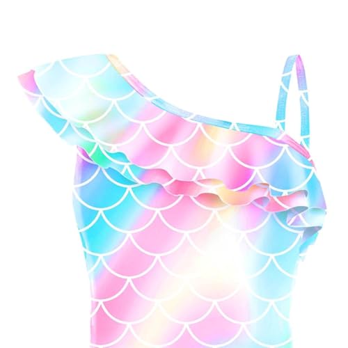 Image of Dressy Daisy Girls Fish Scale Bathing Suit Toddler Rainbow Scale Print Ruffle One-piece Swimsuit for Beach Pool Party