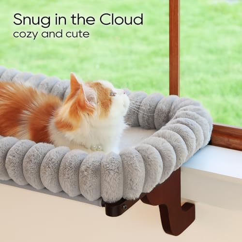 Image of Zakkart SnugCloud Cat Window Perch with 4-Sided Bolster - Large Cat Hammock for Window Sill - Solid Hardwood & Metal Frame - Window Seat for Pets (Dark Stained Wood w /Gray Bed, Large)