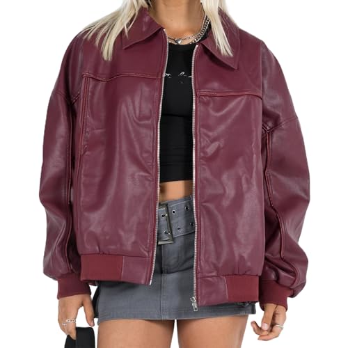 FOMOYUU Leather Jacket Women Faux Oversized Motorcycle Zipper Bomber PU Bike Coat 2024 Fall Fashion Outfits with Pockets