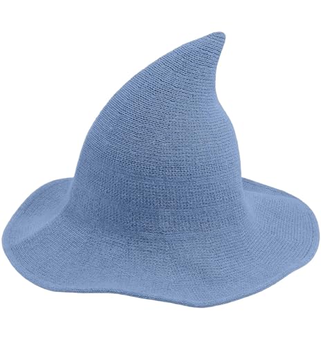 YouNuo Witch Hat for Women & Adults - Classic Halloween Knitted Wool Wizard Hat Wide Brim Foldable Pointed Witches Cap for Party Masquerade Cosplay Costume Dress Up Accessories Lake Blue