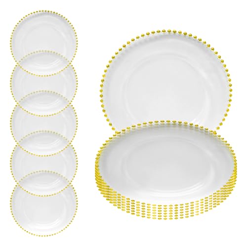Elegant Gold 13-inch Clear Acrylic Charger Plates with Gold Beaded Rim – Perfect for Weddings, Parties, and Home Dining, Decorative and Affordable Clear Charger Plates for Event Table Décor - 12 Pcs