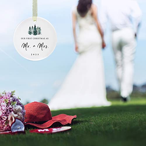 First Christmas As Mr And Mrs Ornament 2023,1St Year Wedding Ornament For Newlywed,Our First Married Christmas Ornament,Ceramic Hanging Decoration For Couples Just Married With Gift Box&Ribbon (2.9" #TOP5
