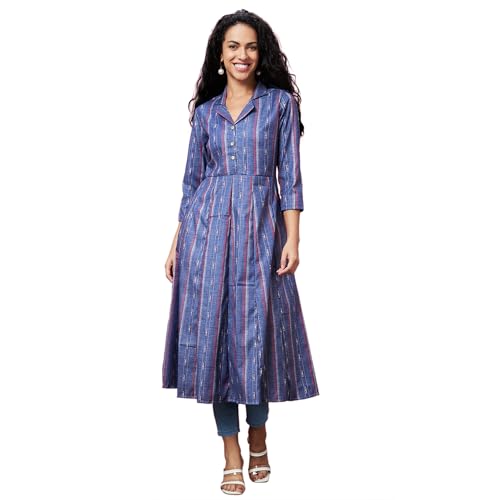 Image of Globus Women Green Casual Striped Lapel Shirt Collar 3 /4th Sleeve A-Line Kurta-3639791001