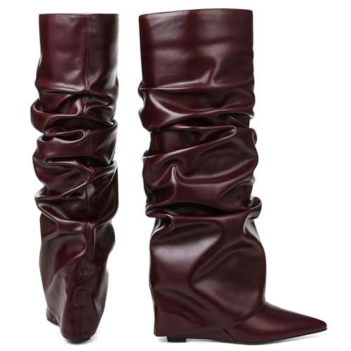 Image of Oiamenne Women's Fold Over Boots Slouch Wide Calf Knee High Boots | 3.15 inch Wedge Heel, Pointed Toe Tall Boots, Pull-on, Faux Leather Boots for Party Daily Wear