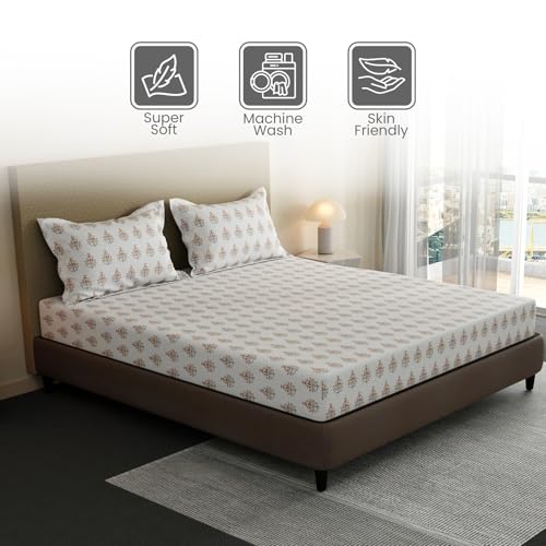 Image of Layers 100% Cotton Fitted Sheet for King Size Bed | Lumina Floret Collection | 144 TC Soft & Breathable | Floral Print with 2 Pillow Covers | Wrinkle Free & Colorfast | 3 Pc Bedding Set - White