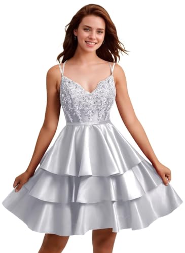 Generisch Vestidos de regreso a casa con cuello en V para adolescentes Vestidos de baile de satén con apliques de encaje Vestidos cortos de cóctel por niveles, plata, L