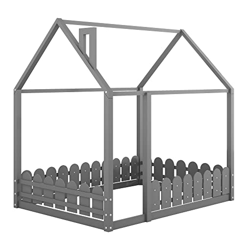 Meritline House Bed Full Size Kids Bed Frame With Fence, Montessori Beds With Roof, Wooden Full Floor Bed, Playhouse Bed Frame For Kids Girls Boys Teens (Gray) #TOP7