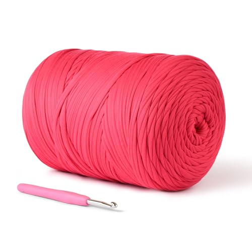 Image of (800g /228yds) T Shirt Yarn, Soft Tshirt Crochet Yarn for Crafts and DIY Knitting Crocheting Cloth /Bag /Basket /Coaster, 100% Polyeste Elastic Fabric Chunky Thick Yarns for Crocheting (Rose Red)