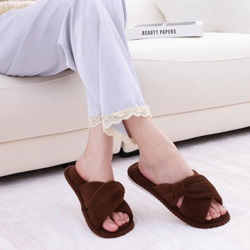 Image of Evshine Summer House Slippers for Women Corduroy Cross Bow Indoor Slippers Open Toe Slip On Bedroom Shoes with Memory Foam
