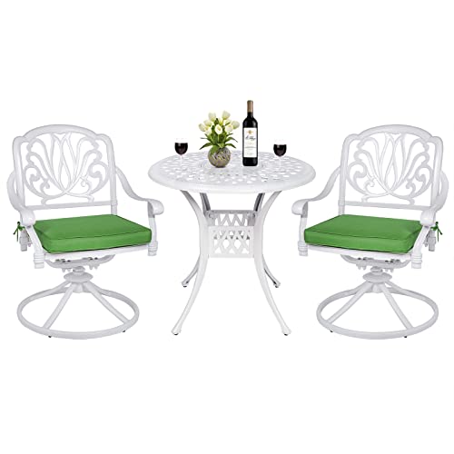Image of MEETWARM 3-Piece Outdoor Patio Dining Set, All-Weather Cast Aluminum Patio Conversation Set for Backyard Garden Deck with 2 Cushions Swivel Rocker Chairs and 31" Round Table, 2.2" Umbrella Hole, White