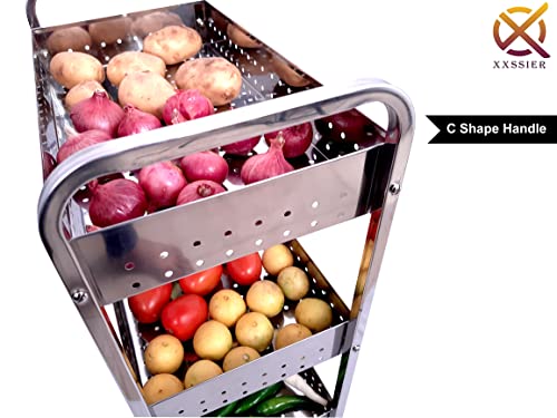 Image of XXSSIER 202 Stainless Steel Vegetable Stand Kitchen Trolley with Wheels Multifunctional Easy Assembly Vegetable Basket Serving Rotating Trolley Cart for Home(32 X 9 X 17.5 inch)