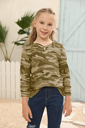 Image of Girls Camouflage Stripe Short Sleeve Shirts V Neck Criss Cross Tees Sweat Kids Casual Sport Tops Blouse（4-15T）