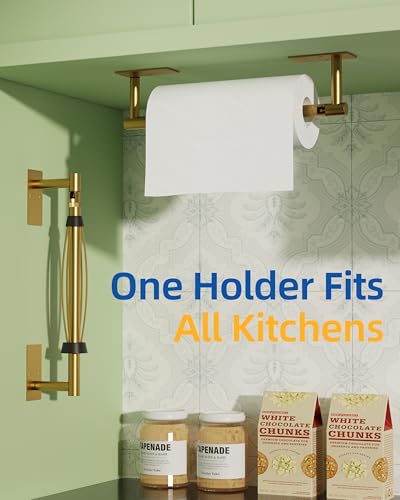Image of RUACQ Paper Towel Holder Under Cabinet, One Hand Tearing Paper Towel Holder with Damping Effect, Wall Mount & Adhesive Stainless Steel Paper Roll Holder for Kitchen Bathroom (Brushed Gold)