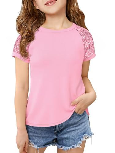 Image of Haloumoning Girls Sequin Short Sleeve T Shirts Kids Summer Crewneck Tops Fashion Tees 5-14 Years
