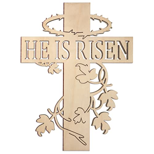 Wooden Easter Door Hanger He is Risen Decor Rustic Cross 9.8'' Sign Decor Religious Spring Easter Centerpieces for Tables Carved Christian Wall Art Wood Hand Cross Hanging Wall Sign for Home Decor