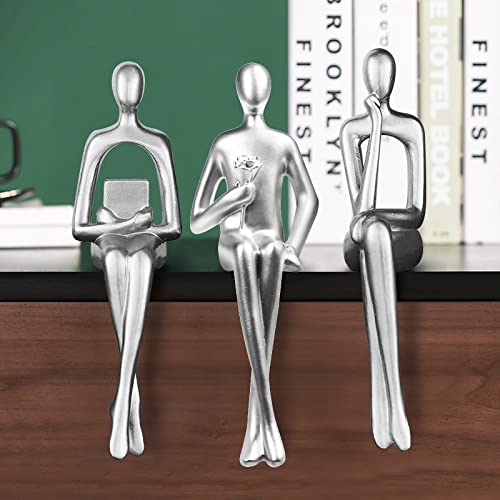 Image of Masvan 3Pcs Silver Abstract Figurines Thinker Statues, Home Decor Resin Bookshelf Sitting Sculpture, Modern Collectible Accents for Office Living Room Coffee Table Shelves Decoration (Silver)