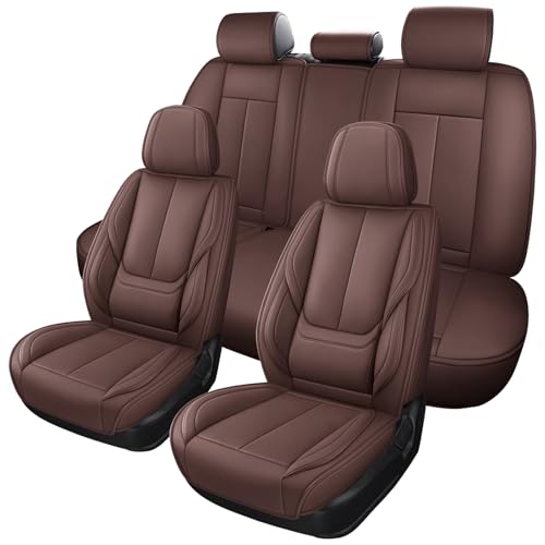 Image of MINGBRON Car Seat Covers Full Set, Car Seat Cover Lumbar Support, Car Seat Protector Waterproof, Nappa Leather Car Seat Cushion, Front Seats and Back Fit for Most Cars Brown