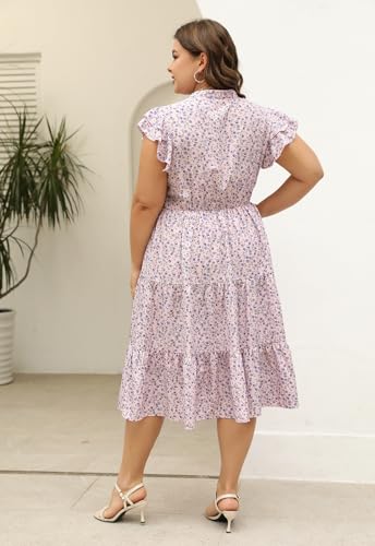 Image of Keluummi Plus Size Midi Dress for Curvy Women Wedding Guest Summer Floral Empire Waist Short Sleeve with Pockets