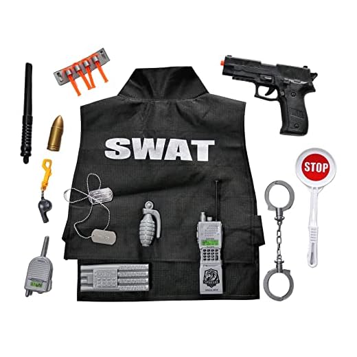 Oramics Polis SWAT-dräkt 13 delar set barnkostym med polisutrustning – handbojor, S.W.A.T. väst, stopp & go skylt, pistol, visselpipa – barnleksak, karneval, maskeraddräkt